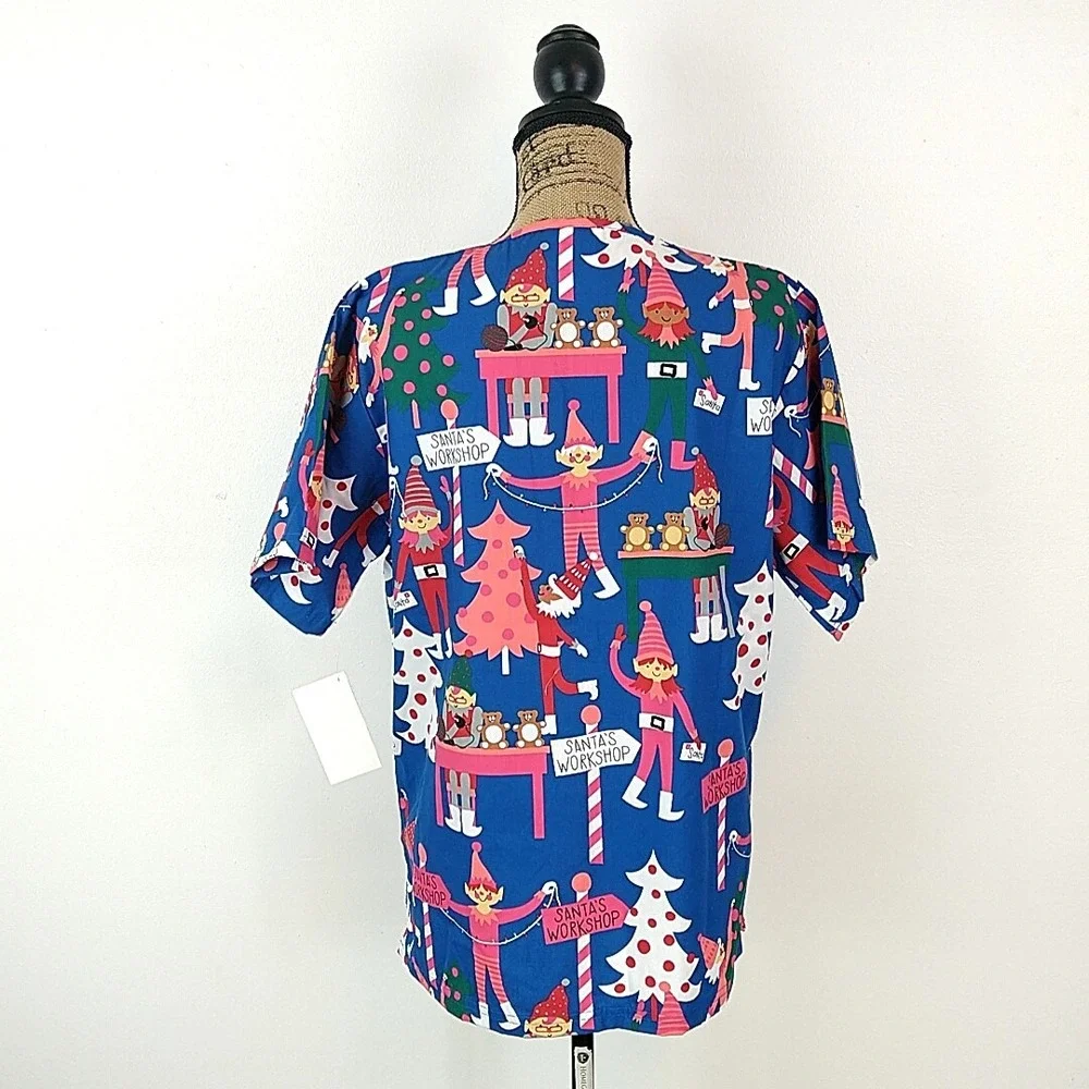 UA Scrubs Scrub Top Womens S Blue Santas Workshop Elves Christmas Holiday NEW